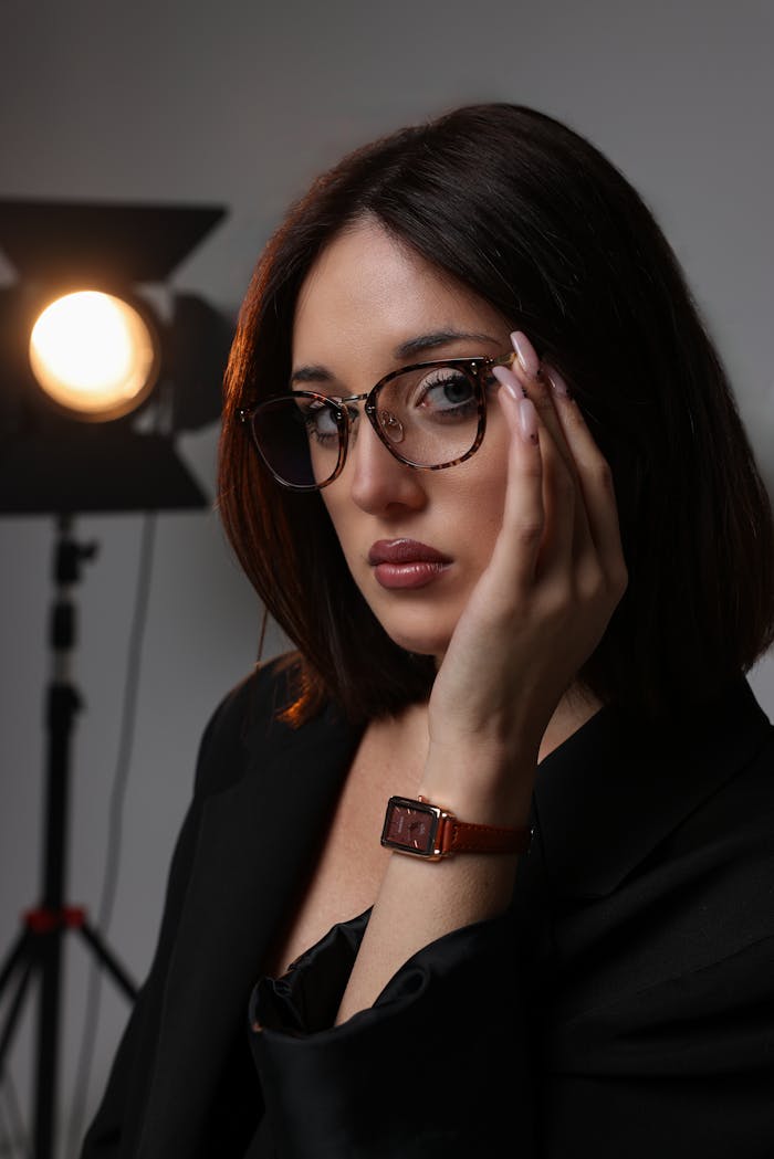 Portrait of a fashionable woman wearing glasses and a watch, set against a professional studio backdrop.